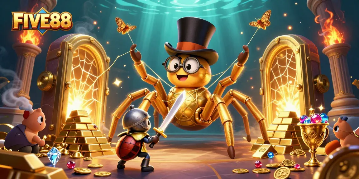 Engage with the FIVE88 casino world featuring a golden tarantula and beetle knight in an elaborate scene.