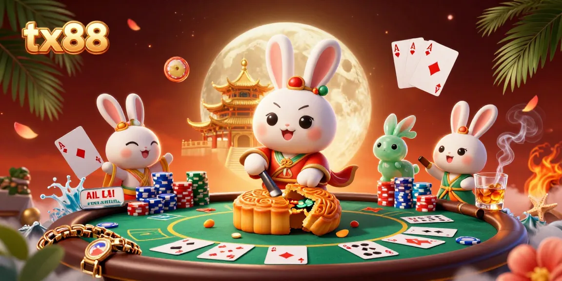 Experience tx88 in a vibrant 3D scene with a moon rabbit, poker chips, and gaming excitement.