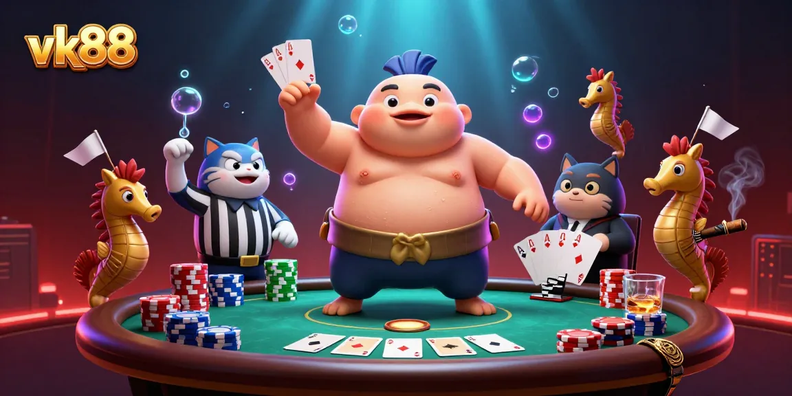 Experience exciting poker action with vk88 featuring a blowfish sumo wrestler and seahorse spectators